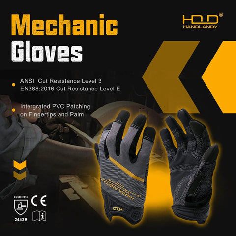 Mens Work Gloves Touch Screen Utility Mechanic Gloves With Padded Knuckles And Palm, featuring cut resistance and PVC patching.