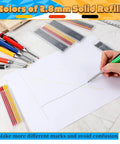 Tough As Nails Carpenter Pencil Set With Built In Sharpener And Extended Needle Nose Tip For Hard To Reach Spots And Deep Hole Making 6 Pack showing colorful 2.8mm solid refills and a paper drawing.