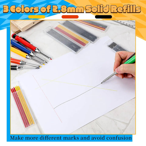 Tough As Nails Carpenter Pencil Set With Built In Sharpener And Extended Needle Nose Tip For Hard To Reach Spots And Deep Hole Making 6 Pack showing colorful 2.8mm solid refills and a paper drawing.
