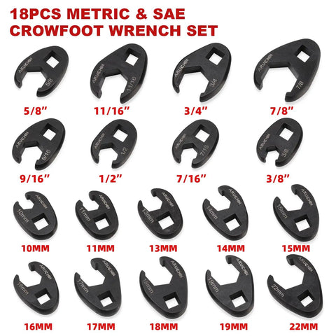 18 Piece 3 8 Inch Drive Crowfoot Flare Nut Wrench Set With Organizer Box SAE And Metric Sizes arranged on display