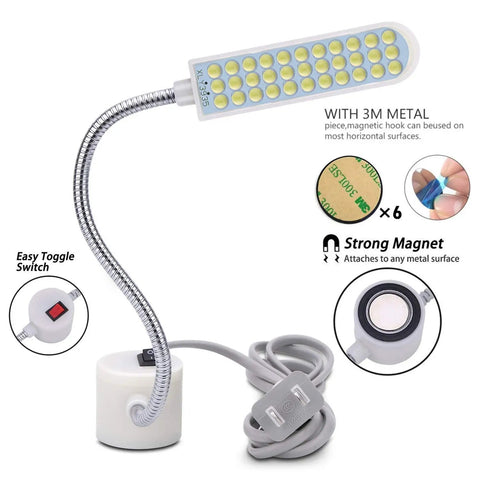 Gooseneck Magnetic Work Light Set For Sewing Machines Lathes Drills And Benches White Soft LED With 36 LEDs Flexible Neck Non Flicker Easy Mounting 3 Pack showing flexible neck and strong magnet base.