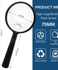 Handheld 10X Reading Magnifier With 75mm Shatterproof Lens Non Slip Grip, showing product dimensions and features