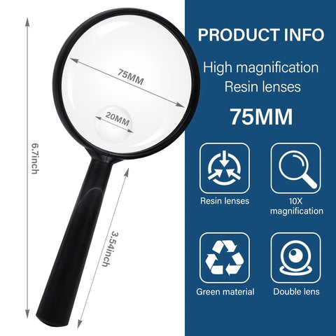 Handheld 10X Reading Magnifier With 75mm Shatterproof Lens Non Slip Grip, showing product dimensions and features