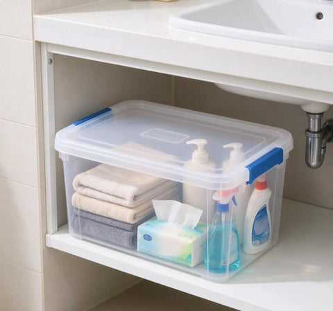 Heavy Duty 15 Quart Latching Storage Bin With Secure Lock Tight Lid And Crystal Clear Window holding towels and cleaning supplies.