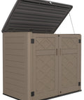 Weatherproof Outdoor Storage Shed Cabinet 48 Cu Ft Extra Large for Bike Lawn Mower Garbage Cans and Garden Gear, lid open