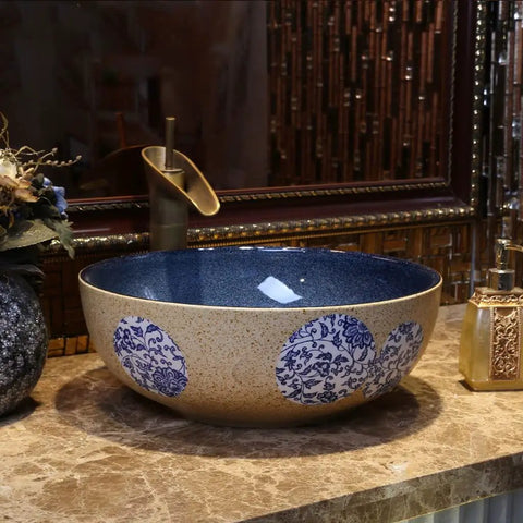 USZWBY Vessel Sinks Bathroom Vessel Sink Art Countertop Basin Utensil Round Ceramic Washbasin with Faucet Bathroom Bowl Sink on marble countertop