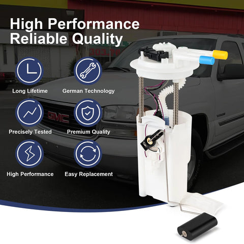 Electric Fuel Pump Module Assembly For Chevy Tahoe GMC Yukon Cadillac Escalade V8 4.8L 5.3L 6.0L Gas Only With Pressure Sensor No Brainer Replacement E3508M P74832M 67307 FG0324 Direct Fit Drop In OEM Style in front of GMC vehicle, product features highlighted.