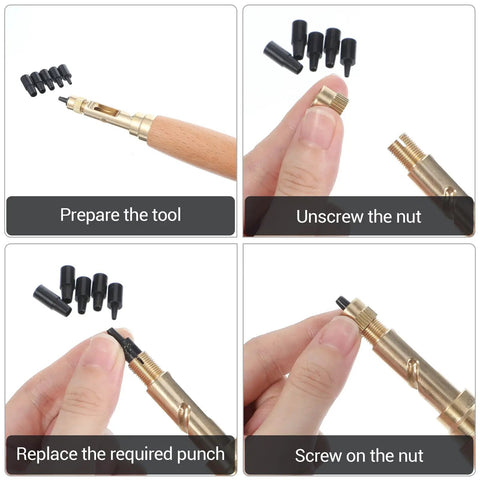Adjustable Leather Hole Punch Boasts A Comfy Wooden Handle And Six Swappable Brass Inserts Spanning 1.5mm To 4mm, tool preparation steps.