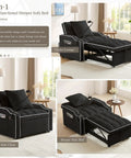 Three In One Velvet Sleeper Chair Bed With Phone Holder And USB Ports shown as recliner and sofa bed in black.
