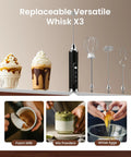 Rechargeable Milk Frother Wand For Coffee Handheld Electric Whisk IPX6 Waterproof One Touch Self Cleaning Cordless Drink Mixer Easy Clean Foaming On Point For Lattes Cappuccinos And More For Coffee Lovers Black with three whisk attachments shown with lattes and eggs.