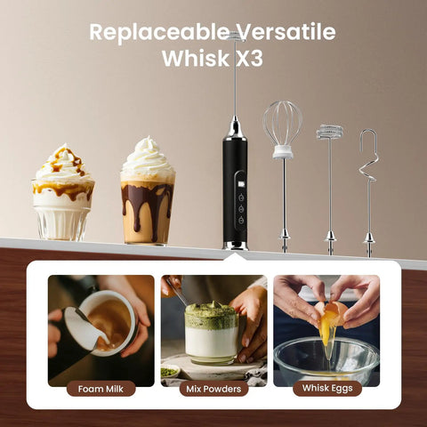 Rechargeable Milk Frother Wand For Coffee Handheld Electric Whisk IPX6 Waterproof One Touch Self Cleaning Cordless Drink Mixer Easy Clean Foaming On Point For Lattes Cappuccinos And More For Coffee Lovers Black with three whisk attachments shown with lattes and eggs.