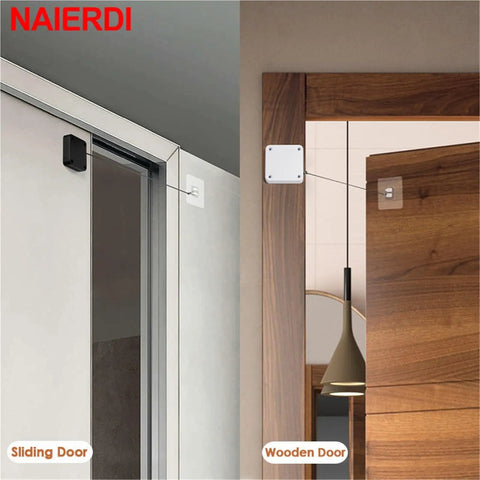 Punch Free Automatic Door Closer for Sliding Glass Doors shown on white and wooden doors, adjustable tension no drill installation