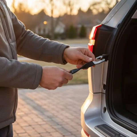 Heavy Duty Stainless Steel Car Door Stopper And Holder With Leather Cover For Parking Ventilation Keeps Rear Door Securely Open And Fresh Air Circulation Perfect Accessory in use.
