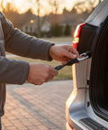 Person using Heavy Duty Stainless Steel Rear Door Stopper Hook For Outdoor Adventures And Tailgating to secure vehicle door.