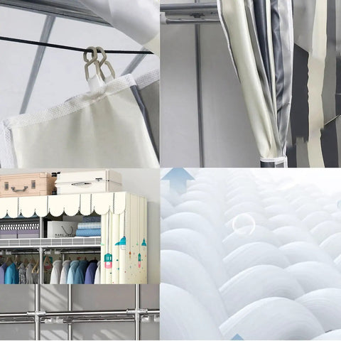 Inside view of Hella Spacious Portable Wardrobe Closet With Reinforced Metal Frame And Dual Hanging Rods showing fabric cover and hanging rods.