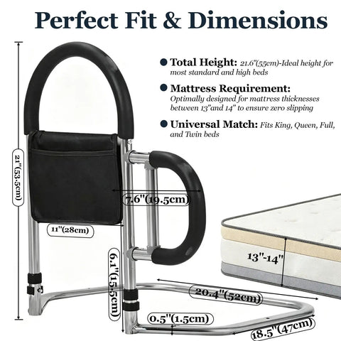 Bed Canes for Elderly and Adults Safety Bed Guard Rails Supports up to 350 Lbs 21.6 Inches High Fits Twin to King Beds diagram