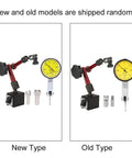 Dial Indicator Magnetic Base Holder Kit With On Off Switch, shown with new and old models, with measurement indicators and accessories.