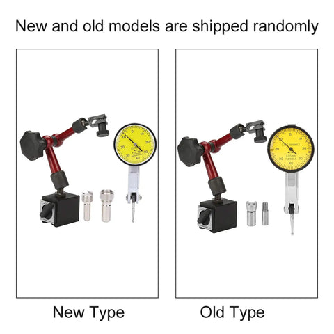 Dial Indicator Magnetic Base Holder Kit With On Off Switch, shown with new and old models, with measurement indicators and accessories.