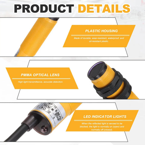 Workhorse M18 Diffuse Reflection Photoelectric Sensor showing plastic housing, PMMA lens, and LED lights for industrial use.