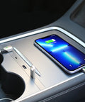 High Speed Car USB Hub Charger for Center Console With Retractable Cables and Docking Station installed in car with phone charging