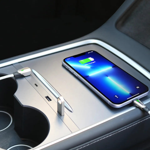 High Speed Car USB Hub Charger for Center Console With Retractable Cables and Docking Station installed in car with phone charging