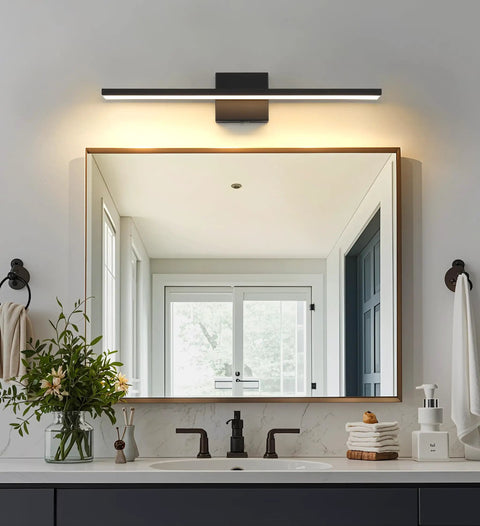 Modern Matte Black 16 Inch Aluminum Vanity Light Sconce For Bathroom Mirror Lighting, shown above a bathroom mirror