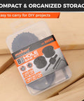 Angled front view of HORUSDY 8-piece hole saw kit in plastic case; 25-54 mm sizes, includes mandrel, hex key and 2 drill bits.