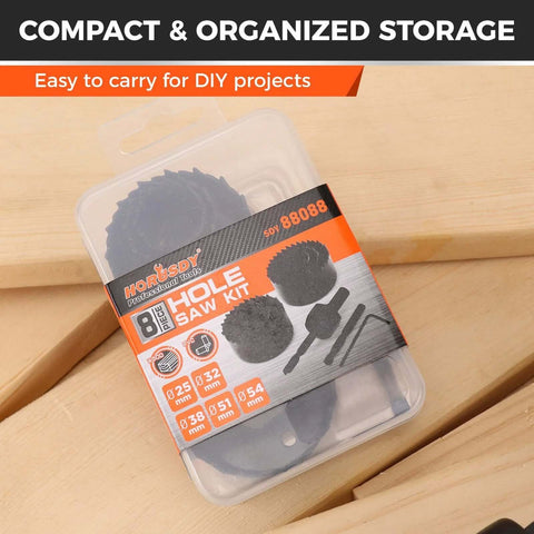 Angled front view of HORUSDY 8-piece hole saw kit in plastic case; 25-54 mm sizes, includes mandrel, hex key and 2 drill bits.