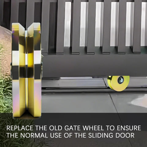Two 6-inch v-groove gate wheels, solid steel with dual sealed bearings; side view of installed wheel on track.