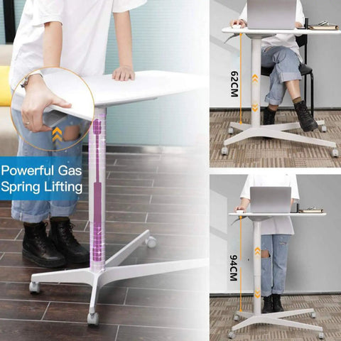 Slick Mobile Laptop Desk With Adjustable Height And No Sweat Rolling Casters Nifty Bedside Workstation With Rock Solid Frame Easy Move Setup For Tight Spaces And Chill Couch Reading Vibes Pristine White height adjustment feature in use.