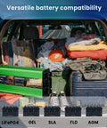 Beefy 3000 Watt Pure Sine Wave Inverter in vehicle with compatible batteries visible, surrounded by travel luggage and items.