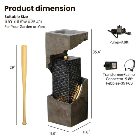 35.4 Inch Tall Indoor Outdoor Dope Waterfall Fountain With LED Lights, resin structure, dimensions shown, pump and accessories included.