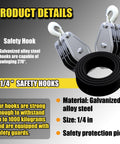 Heavy Duty Block And Tackle System With 2200 Lbs Breaking Strength Fifty Feet Of Three Eighths Inch Rope Five To One Lifting Power Pulley Hoist For Construction Warehouses Animal Husbandry And Farm Use Built Like A Boss Durable Black, 1/4 inch galvanized alloy steel safety hooks and black rope.