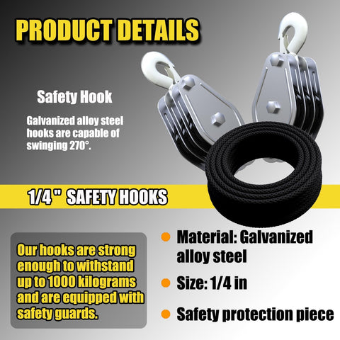 Heavy Duty Block And Tackle System With 2200 Lbs Breaking Strength Fifty Feet Of Three Eighths Inch Rope Five To One Lifting Power Pulley Hoist For Construction Warehouses Animal Husbandry And Farm Use Built Like A Boss Durable Black, 1/4 inch galvanized alloy steel safety hooks and black rope.