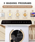 No Sweat Plug And Play Countertop Dishwasher With Heated Dry Mode And Dual Spray Arms Self Contained 5 Liter Tank programs for various dish types.