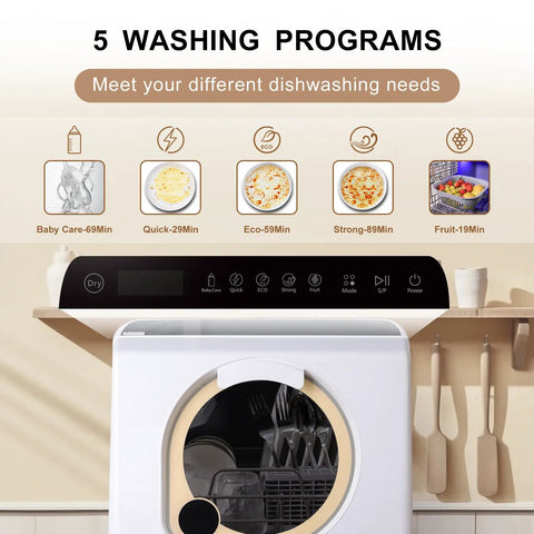 No Sweat Plug And Play Countertop Dishwasher With Heated Dry Mode And Dual Spray Arms Self Contained 5 Liter Tank programs for various dish types.