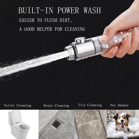 Purifying Shower Head With Beads For Hard Water No More Dry Skin spraying water, showcasing cleaning uses for toilet and pet.