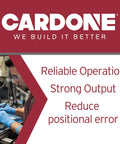 Technician working on machinery labeled "Cardone: Reliable Operation, Strong Output, Reduce Positional Error"