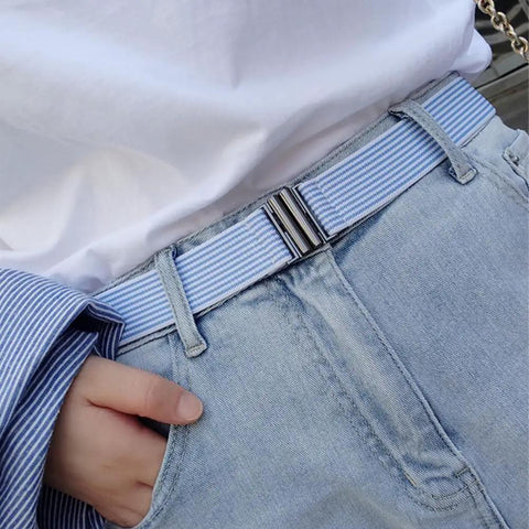 Interlocking Metal Belt Buckles Set Of 15 For DIY Belts And Leather Straps Rectangle Quick Release Clips in use on a blue belt.