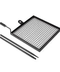 Adjustable Swivel Grill Grate For Open Fire Cooking With Spike Pole Steel Mesh Wire Grate For Portable Camping BBQ Gear And Outdoor Grilling And Cookouts One Hand Operation With Cool Touch Handle, showing cooking grate and poles