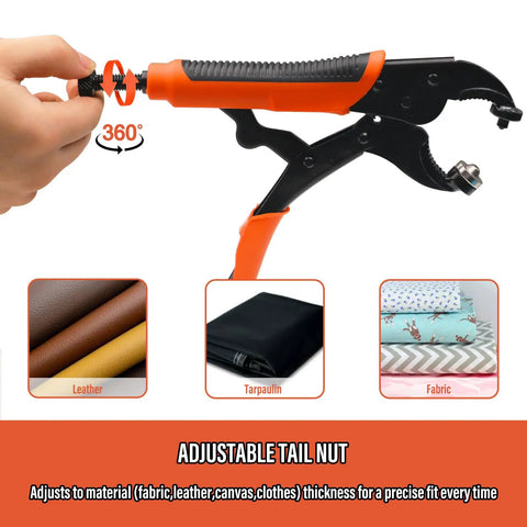 Close-up of orange and black snap tool from Grab And Go Snap Fasteners Kit With 30 Sets Screws Snaps For Boat Covers Canvas Tarps And More