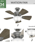 34 Inch Indoor Ceiling Fan With LED Light And Pull Chain, Standard Mount, 5 Blade Quiet Fan For Bedroom Or Home Office, Matte Silver