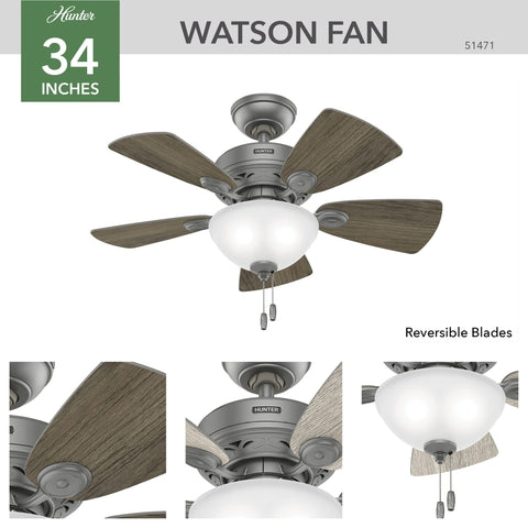 34 Inch Indoor Ceiling Fan With LED Light And Pull Chain, Standard Mount, 5 Blade Quiet Fan For Bedroom Or Home Office, Matte Silver