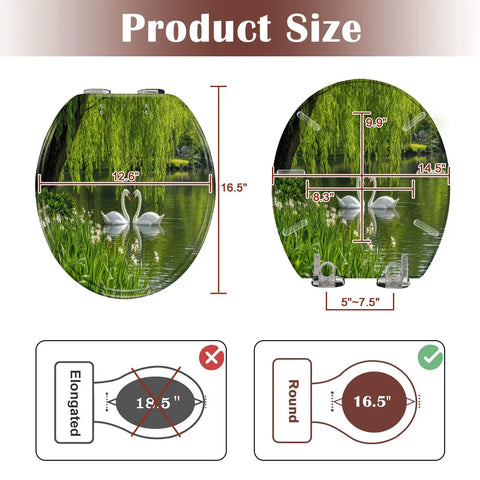 Round Graceful Swans Serene Willow Tree Reflected Calm Pond Toilet Seat showing product dimensions, measuring 16.5 inches.