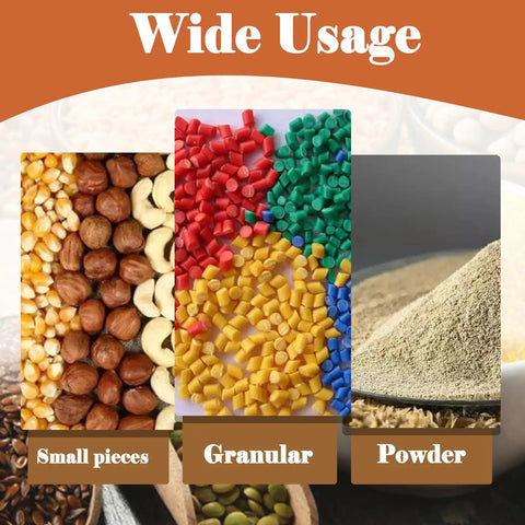 Wide usage image showing small pieces, granules, and powder for Heavy Duty Automatic Screw Feeder And Stainless Steel Powder Conveyor With Vibrating Hopper For Spices And Granules.