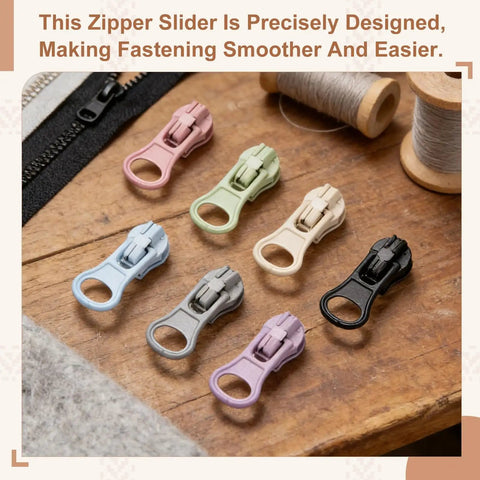 30 Pack Zipper Sliders Size Three Metal Repair Replacement With Zip Pull No Sewing Needed For Bags Wallets Jackets And Closed End Zippers Purple Great For DIY Repairs And Everyday Fixes, displayed on a wooden table with assorted colors.