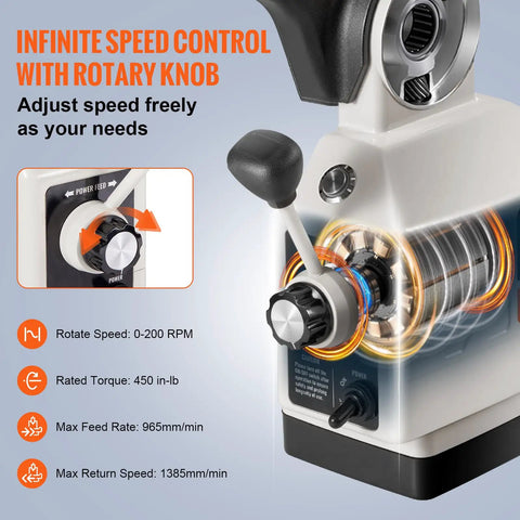 X Axis Power Feed For Milling Machines, 450 In-Lb Torque, 0-200 RPM Speed Control, close-up of rotary knob and control panel