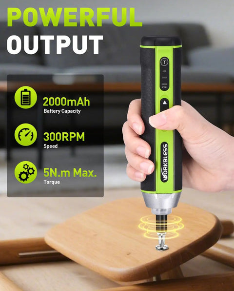 Cordless 3.7V Screwdriver Set With Three Torque Settings 300 RPM 5 Nm Max Torque in use on wooden furniture piece