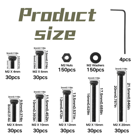 510 Pcs M2 Socket Cap Screws Kit With Nuts, Washers, And Wrench showing detailed sizes and quantities of screws, nuts, and washers