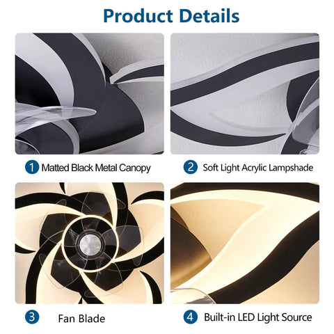 Dope Ceiling Fan With Lights Remote Control 24 Inch Black Low Profile Flush Mount For Kitchen And Bedroom showing details